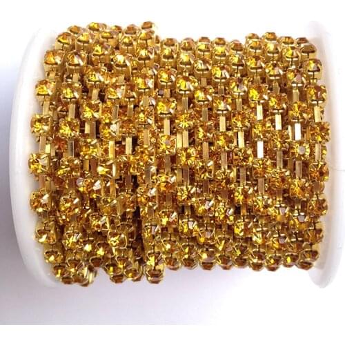 Topaz Color Crystal Rhinestones Chain 10 yards/roll SS6 to SS38 Gold Base DIY Cloting Accessories Rhinestone Chain