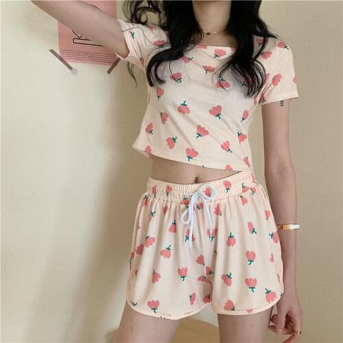 Womens Kawaii Sleepwear Cute Sweet Pink Flowers Print Sexy Super Short Leakage Umbilical Tops+elastic Waist Shorts Girl Pajamas