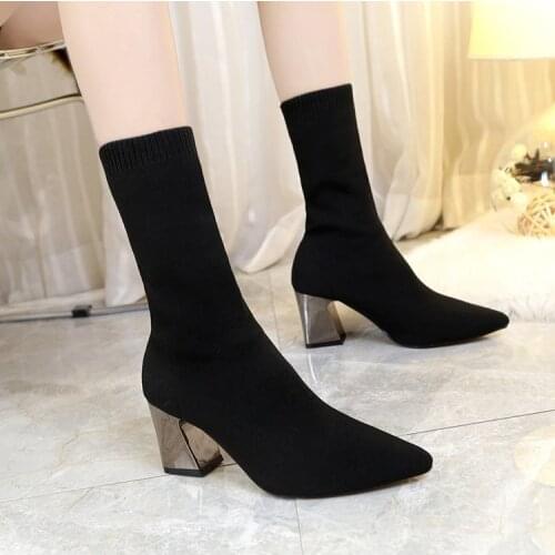 Women Socks Boots Women Winter New European High-heeled Thick-heeled Knitted Stretch Boots Large Size Womens Boots
