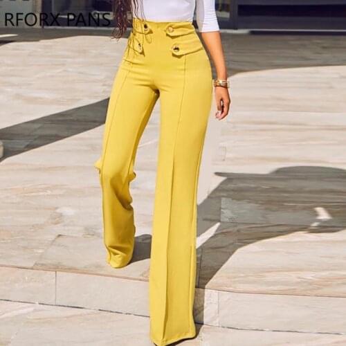 Women Solid Casual High waist Bright Line Decoration button Straight Pants
