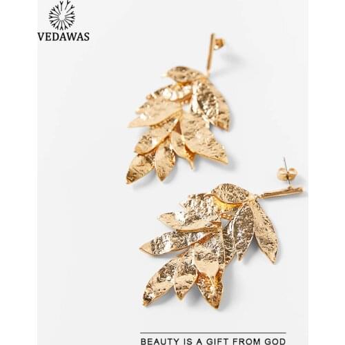 Vedawas 2021 ZA Leaf Drop Earrings for Women Boho Metal Maxi Gold Silver Color Feather Dangle Earrings Jewelry Girlfriend Gifts