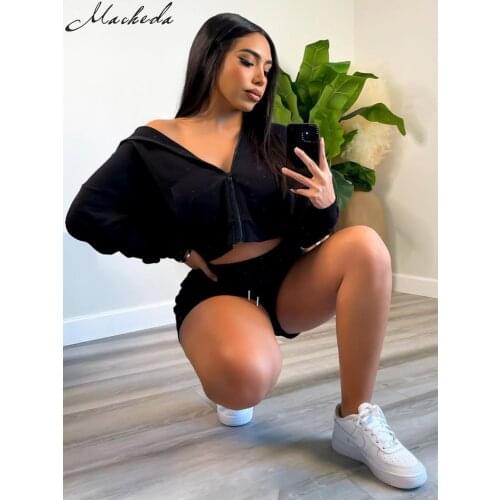 Macheda Autumn Solid Casual Two pIeces Women Loose Long Sleeve Hooded Zipper Coat And High Waist Shorts Knit Street Sets Lady