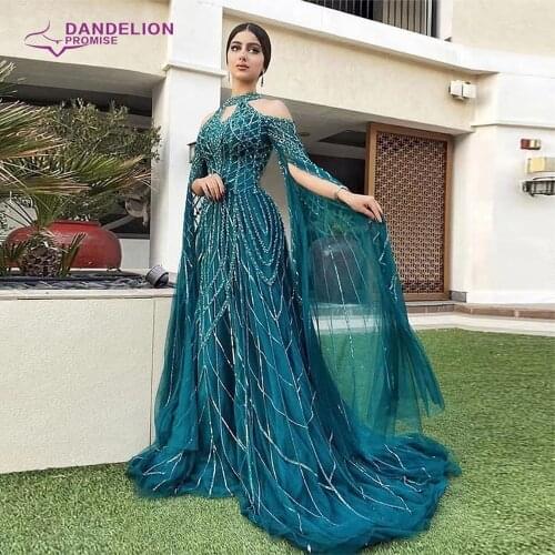 Luxury Green Dubai A-Line Evening Dresses For Women 2021Beading Tulle High-Neck Long Sleeves Handmade Formal Party Gowns