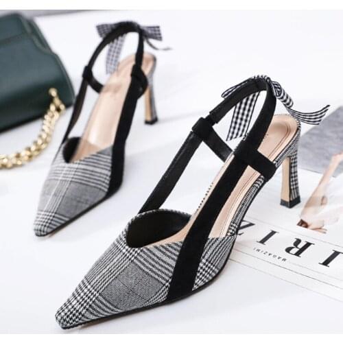 2019 summer women shoes trendy pointed toe houndstooth pumps sandals plaid bowknot slingback thin heels female sandales zapatos