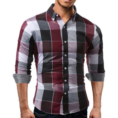 2020 New Fashion Men Slim Fit Long Sleeve Cotton Shirt Plaid Casual Button Down Top Shirts