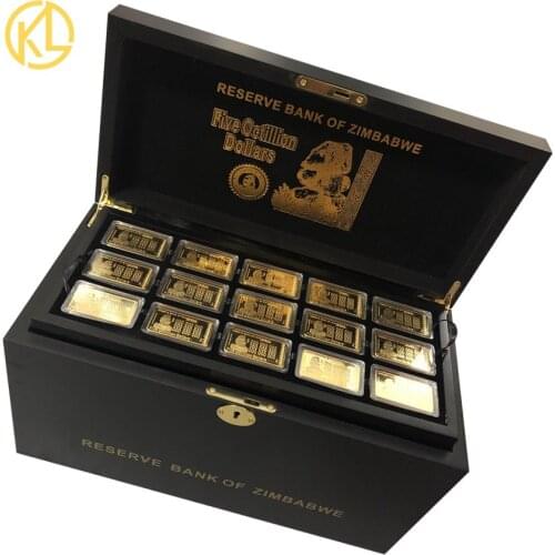 270pcs Gold plated Five Octillion Dollars Zimbabwe Metal Bar With Nice Wooden Box for nice gift