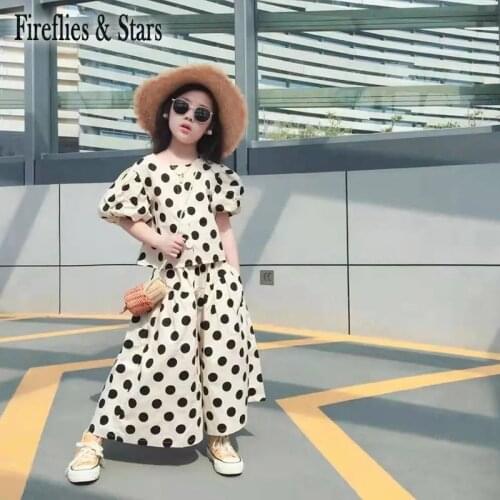 Summer Girls 2 Pcs Set Baby Blouse + Wide Leg Pants Kids Suit Children Clothes Fashion Dot Print Puff Sleeve 3 To 13 Yrs