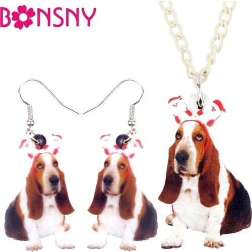 Bonsny Statement Acrylic Sweet Christmas Santa Basset Hound Dog Earrings Necklace Collar Animal Jewelry Sets For Women Girls Pet