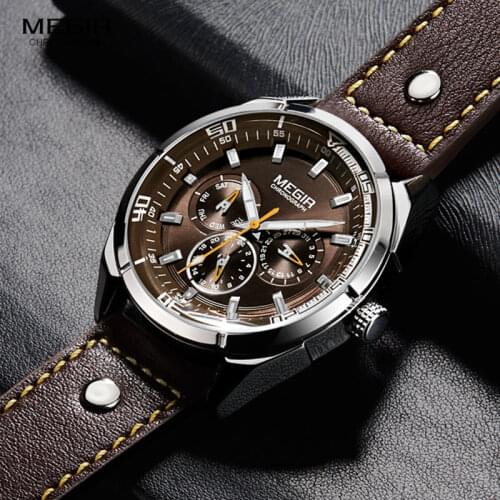 MEGIR Mens Waterproof Quartz Watches Luminous Calendar Week 24 Hours Casual Analogue Wristwatch for Man Brown 2072GBN-10