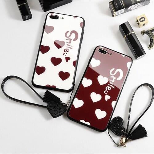 Case & Strap For iPhone X XR XS Max Case Glass Hard phone Cover For iPhone 6 6S 7 8 Plus Smile Love Heart Fashion lanyard funda