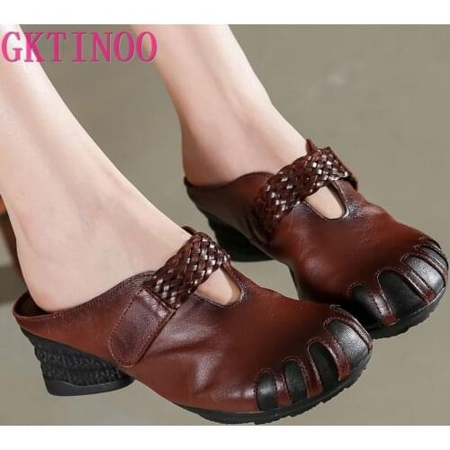 GKTINOO 2021 Summer Genuine Leather Sandals High Heel Womens Shoes Retro Casual Slippers Soft Comfort Women Slippers Sandals