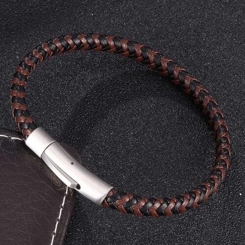 Classic 6mm Black Brown Leather Mix Braided Bracelets Unisex Fashion Stainless Steel Snaps Accessories Weave Bangles Gifts S0459