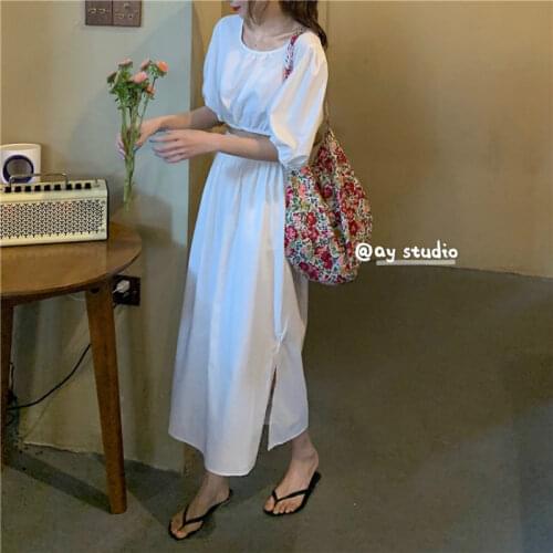 Women Summer Vintage White 2 Two Piece Set Kit Back-Bow Tie Short Top with Elastic High Waist Skirt Split Hem