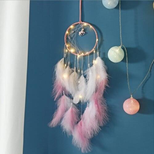 Dreams Catcher Moon White Pink Feathers Wall Hanging wind chimes nordic decoration home Unicorn Handmade Dreamcatcher Craft Gift