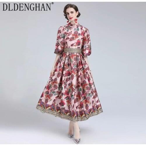 DLDENGHAN Fashion Runway Designer Early Autumn Dress Women Stand Collar Puff Sleeve Vintage Flower Print Long Dresses
