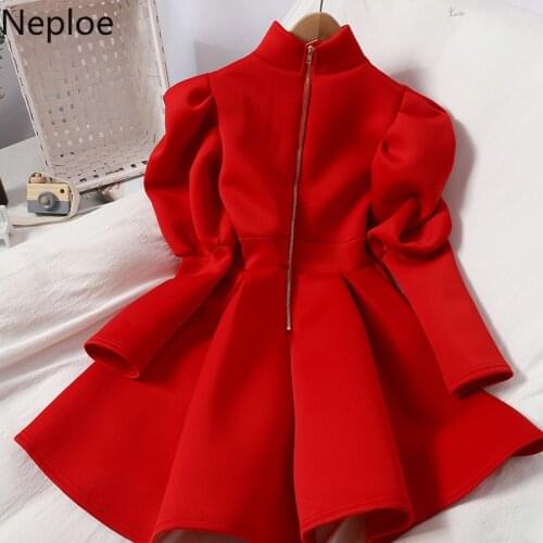 Neploe Fashion Dresses for Women Sweet Puff Sleeve Zipper Vestidos Korean Solid Robe Fall Winter Clothes Temperament Mini Dress