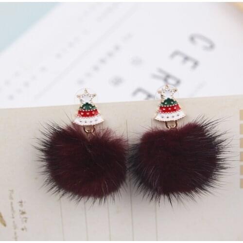 New Fashion Cute Christmas Tree Party Dangle Earrings For Women Autumn Winter Korean Pom Pom Mink Hairball Drop Earring Jewelry