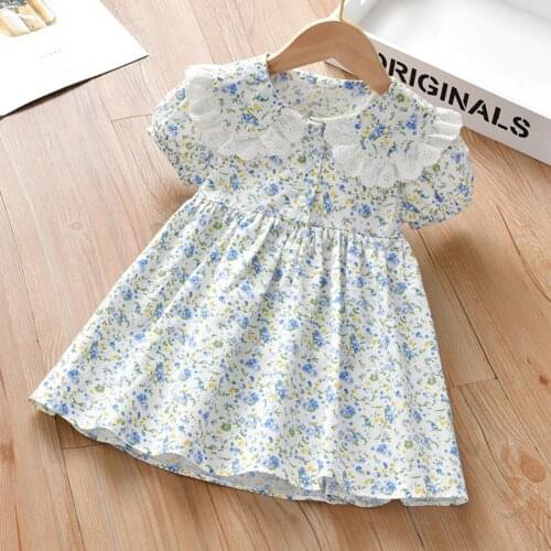 2021 New Summer Girls Dresses Puff Sleeve Floral Printing Dress Cute Large Lacework Lapel Girl Dress for Party 2-6T