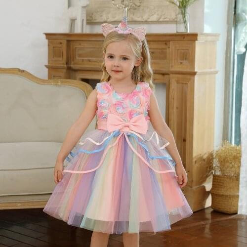 Fancy Baby Girls Unicorn Tutu Dress Rainbow Princess Girls Birthday Party Dress Children Halloween Unicorn Costume Kids Clothes