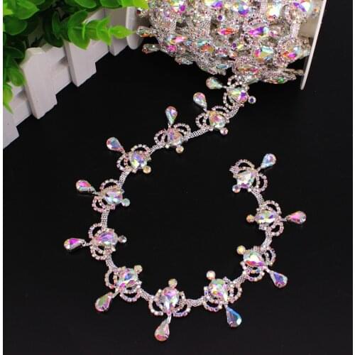 Handmade Silver Base Rhinestone Trim Wedding Belt Sew on Rhinestone Crystal AB waterdrop shape Rhinestone Cup Chain Tassels DIY