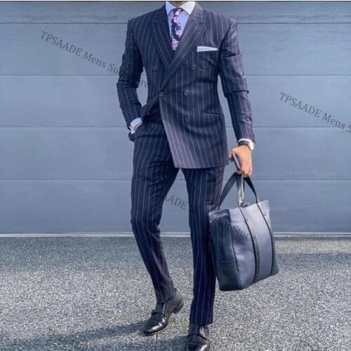 Navy Blue Pinstripe Double Breasted Business Formal Men Suit Slim Fit Men Blazer Casual Coat Jacket Tuxedo Suit with Pants