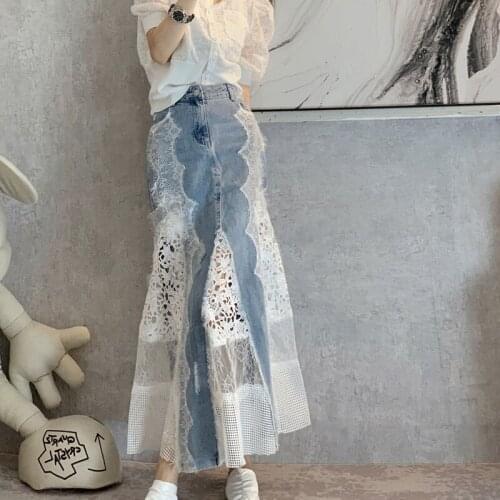Women Spring and Summer Holes Denim Skirts With Lace Women High Waist Split Lace FishtailCute Skirt