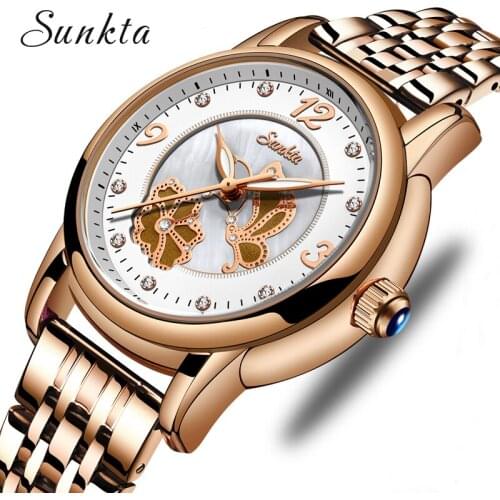 Relogio feminino SUNKTA Elegant Ladies Watches Women Luxury Top Brand Wrist Watch Woman Stainless Steel Band Female Dress Clock