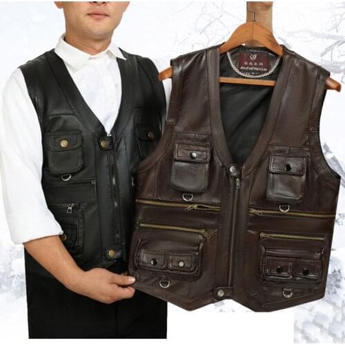 Vest Men Brown Waistcoat Male Sleeveless Jacket Thick Motorcycle Plus Size Multi Pocket Zipper Coats