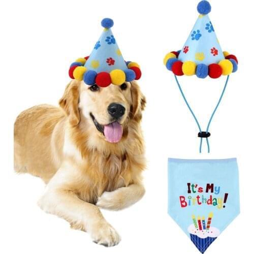 2PCS/Set Dog Bandana Creative Cute Lovely Pet Bib Collar Pet Bandana with Pet Hat Dog Accessories for Birthday Party Dress
