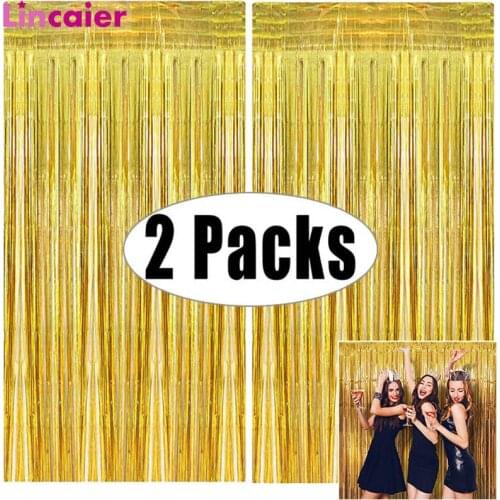 2Pack 1X2M Gold Metallic Foil Tinsel Fringe Curtain Backdrop Birthday Wedding Bachelorette Party Decoration Adult Anniversary