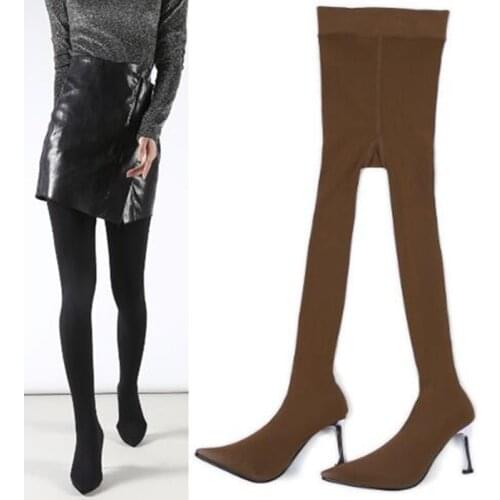 2019 Sexy Female Fashion Sock Boots Womens Large Size Shoes Stiletto 8 CM or 5 CM Heel Elastic Boots Two In One Pants Boots