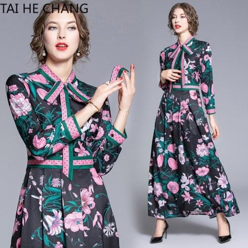 2019 Women Dress New Fashion Retro Spring Summer Elegant Slim Bodycon Vintage Party Runway Print Shirt Office Work Maxi Dresses