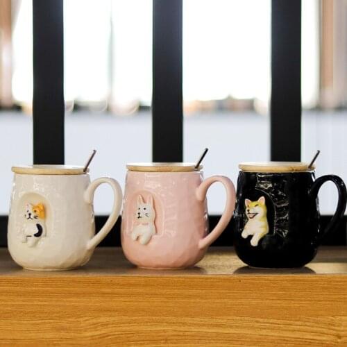 450ML Cartoon Ceramic Shiba Inu Mug Creative Embossed Dog Ceramic Cup Coffee Cup with Lid Spoon 3D Funny Cute Cat Mugs