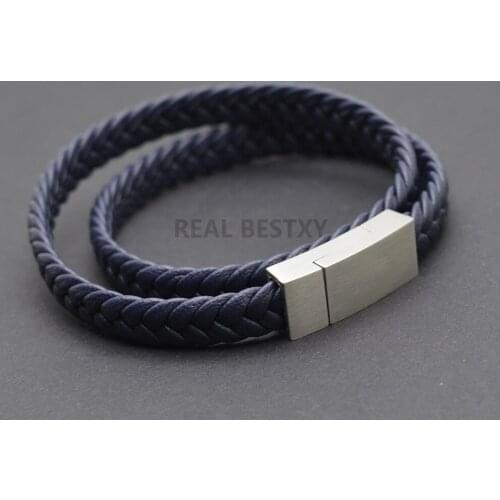 5pcs/lot engrave logo Fashion Stainless Steel Charm Magnetic Navy Men Bracelet Leather Braided Punk Rock Bangles Jewelry DIY