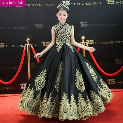 Free Shipping Black Lace Pageant Dresses for Girls Floor-Length Flower Girls Gown