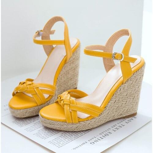 Summer Womens Sandals Platform Wedges Shoes Big Size High Heels Ankle Strap Women Sandles Dress Office Shoes Yellow White 44 45