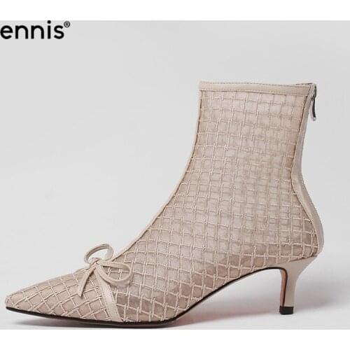 ENNIS Designer Summer Boots Pointed Toe Heeled Ankle Boots Transparent Mesh Womens Boots Fashion Ladies Shoes Thin Heels B101