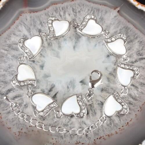 Attractive Natural abalone white shell clovers Heart crystal inlaid silver plated bracelet 9 "L