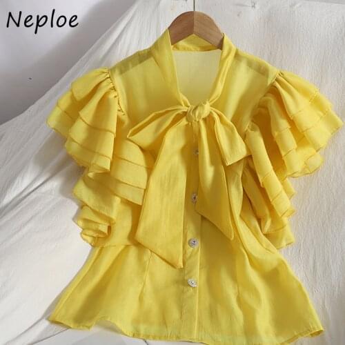 Neploe Elegant Ruffles Patchwork Multicolor Blouse Women Bow Collar Short Sleeve Multicolor Blusas Summer 2021 New Shirt Femme