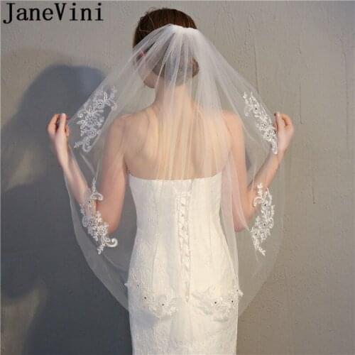 JaneVini One Layer Tulle Wedding Veil with Comb Short Ivory Beaded Lace Appliques Cut Edge Bridal Veils White Bride Veil 2020