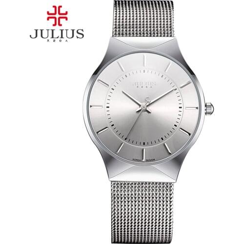 JULIUS Fashion Casual Luxury Watch Top Brand Logo Mens Watch Silver Black Ultra Thin Mesh Full Steel Quartz Waterproof JA-577