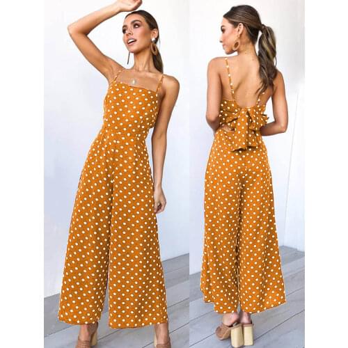 2019 Summer Elegant Jumpsuits Women Sleeveless Polka Dots Casual Loose Wide Leg Trousers Rompers Holiday Backless Bow Overalls
