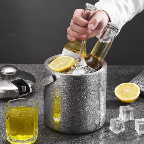 1.3L Ice Bucket with Lid and Strainer Stainless Steel Ice Bucket Double-wall Ice Cube Container