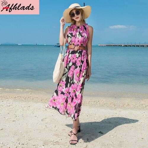 Summer New Round Neck Printed Slim Dress Holiday Beach Ruffles Elastic Waist Bohemian Sleeveless Fashion Sexy Dress With Belt