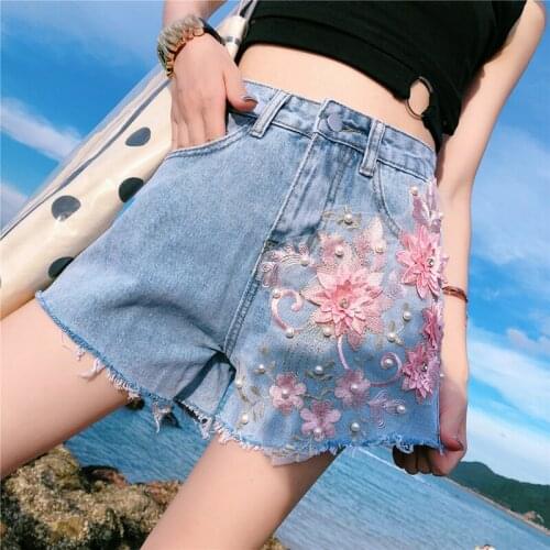 Summer Korean Womens Ladies Embroidery Flower Tassel Denim Shorts , Woman High Waisted Black 5xl Wide Leg Jeans Shorts