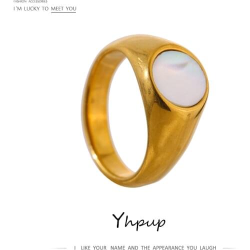 Yhpup Statement Natural Shell Ring High Quality Stainless Steel Metal Gold 18 K Ring Accessories for Women Anniversary Gift 2021