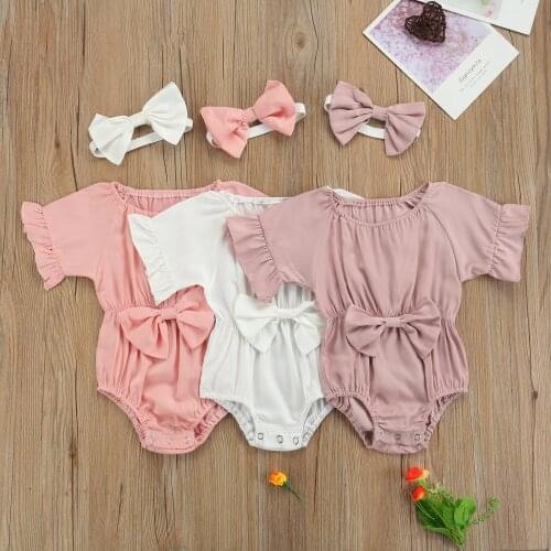 Cute Newborn Summer Outfits Jumpsuit Baby Girls Princess Big Bow Solid Color Ruffle Sleeve Romper+Headband 2PCS Clothes