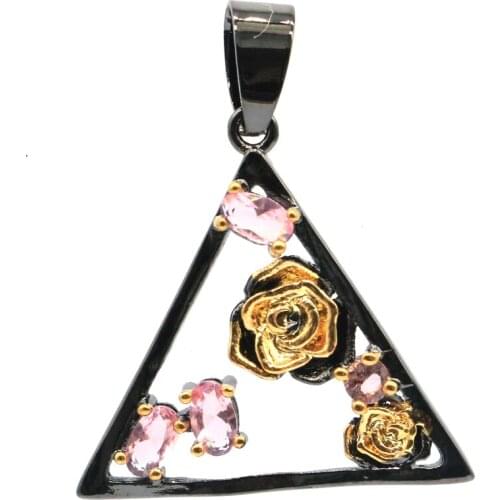 33x25mm Hiphop 3.2g Trangle Rose Created Pink Morganite Tanzanite For Man Black Gold Metal Silver Pendant Street Jewelry