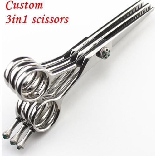 Custom Upscale Japan 440c 5.5 inch 3in1 hair scissors cutting + thinning + thinning barber makas shears hairdressing scissors