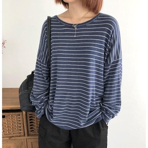 Autumn New Knitted Striped T-Shirts Thin Korean Style Basic Classic Fashion Daily Comfortable Cotton Long Sleeve O-Neck Tees